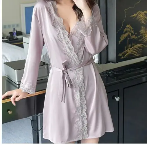 1620 Women\'s Satin Silk Woman Lace Robe Female Lace Bathrobe Womens Robes Sleepwear Ladies Sexy Robe For Women Drop Shippin