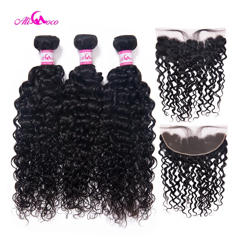 

Ali Coco Brazilian Water Wave 3 4 Bundles With Lace Frontal Closure 30 Inch Natural Color Double Weft Remy Human Hair Extensions