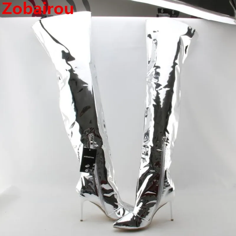 Real photo fashion silver mirror leather thigh high metallic Sliver boots overknee rain boots sexy high heels ladies shoes woman