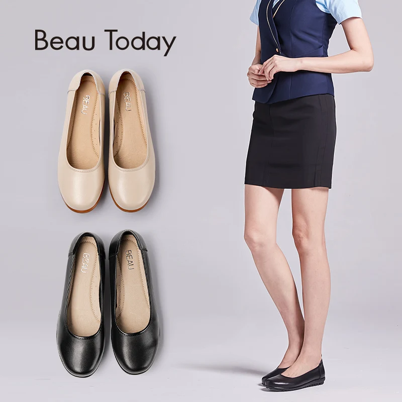 

BeauToday Office Ladies Work Shoes Cow Leather Round Toe Geunine Nappa Leather Women Shallow Boat Shoes Handmade 1802