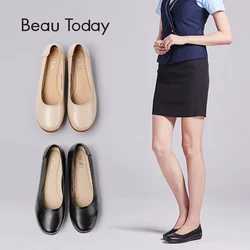 BeauToday Office Ladies Work Shoes Cow Leather Round Toe Geunine Nappa Leather Women Shallow Boat Shoes Handmade 1802