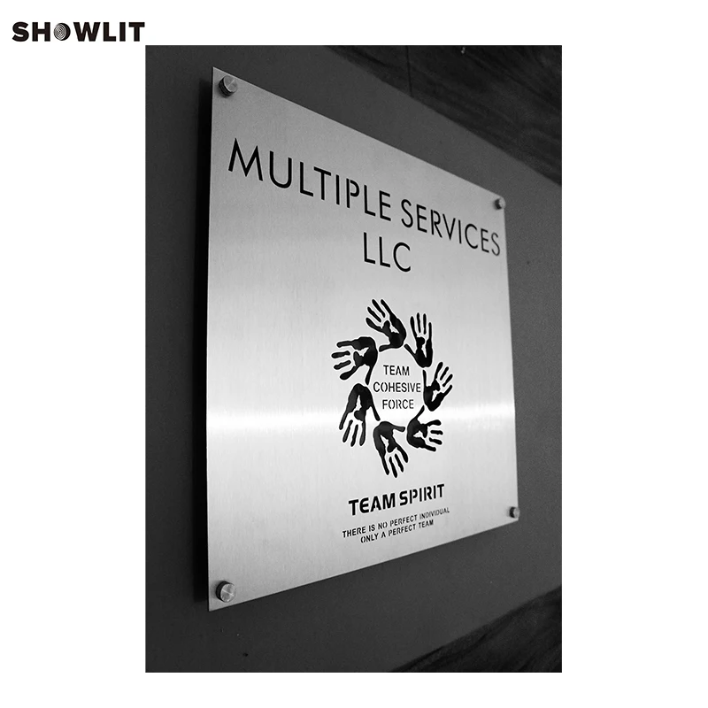 Office Decor Wall Mounted Custom Company Logo Sign In Brushed Metal