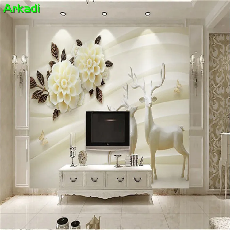 3D Striae Elk Hydrangea Hydrangea Flowers Modern TV Background Wall Decoration Photo White Flower Emboss Murals Can Be Customize