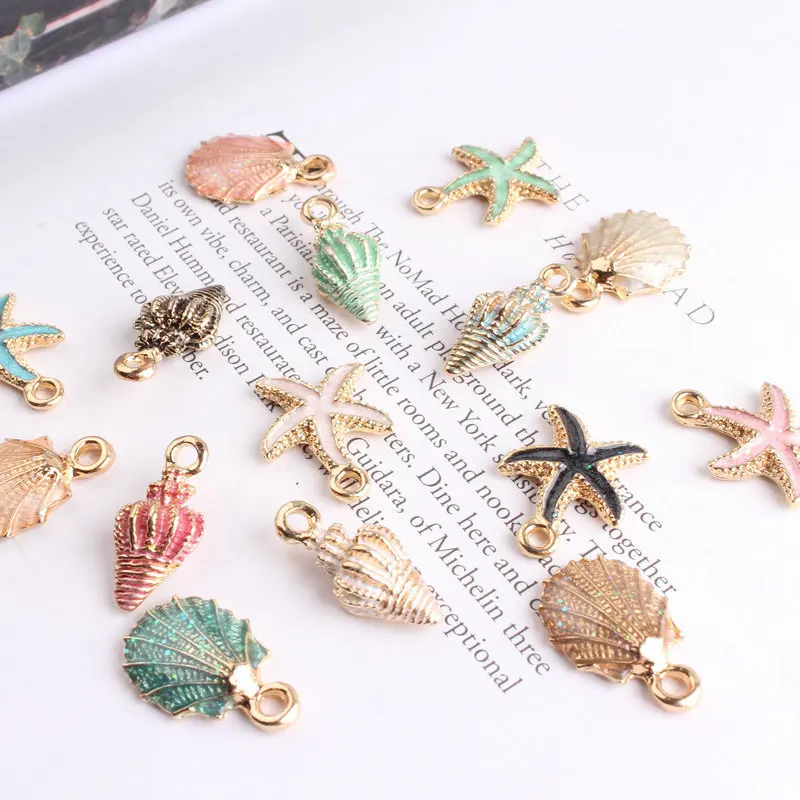 50PCS Alloy Metal Enamel Sea Starfish,Shell,Sea Charms Colorful Oil Drop Pendant for Jewelry Making Findings