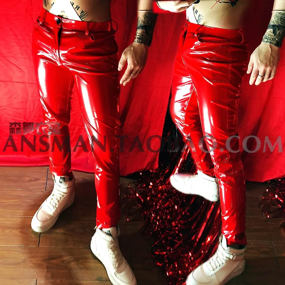 

M-6XL!!2019 bar and nightclub male singer red stretch patent leather slim imitation leather pants costumes.