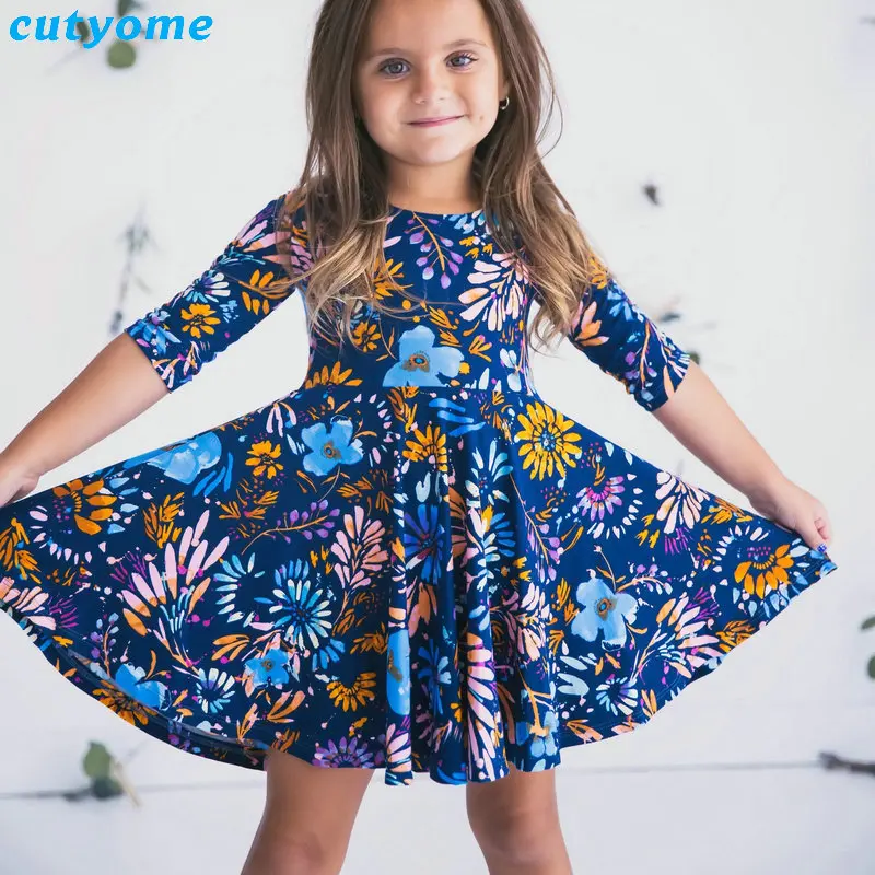 Mother Daughter Dresses Floral Print Half Sleeve Blue Dress Family Matching Outfits Mother/Mom and Daughter Dresses Clothes