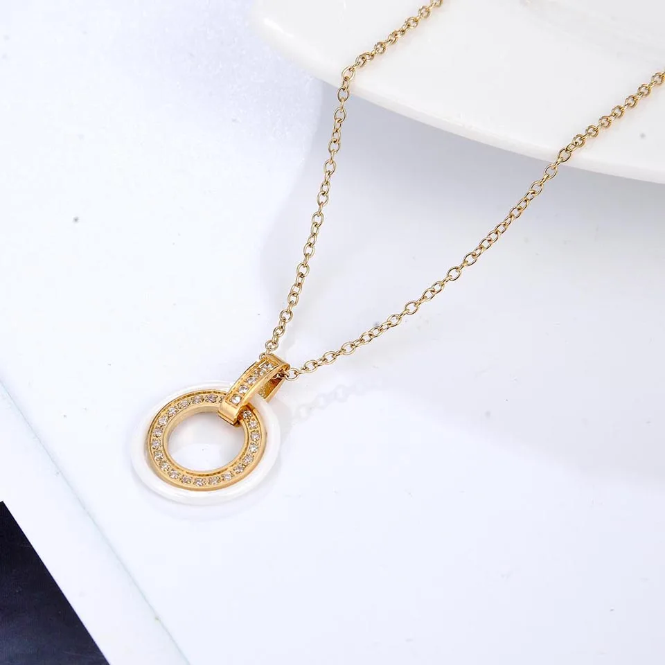 Fashion Jewelry Simple Black Ceramic Circle Crystal Pendant Necklaces With Women\'s Stainless Steel Circles Necklace & Pendants