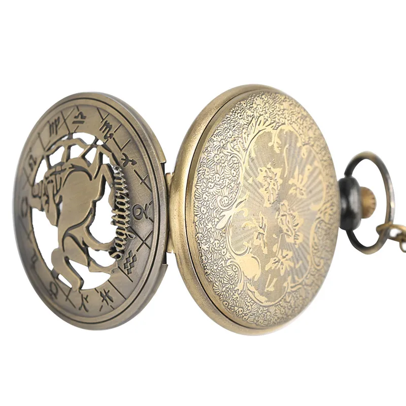 Wholesale Sagittarius Quartz Pocket Watch Twelve Constellations Bronze Men Women Fob Watches Half Hunter Chain Clock Gift