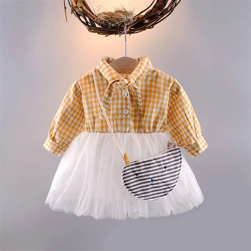 New Children Autumn grenadine dress infant lovely clothes baby girls long sleeve plaid one-piece with bag princess spring wear