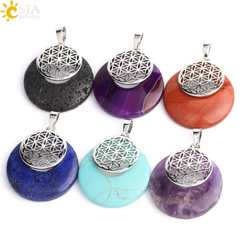 CSJA Flower of Life Pendant Yoga Chakra Healing Natural Stone Quartz Mandala Pendants for Necklaces Women Men Reiki Jewelry G051