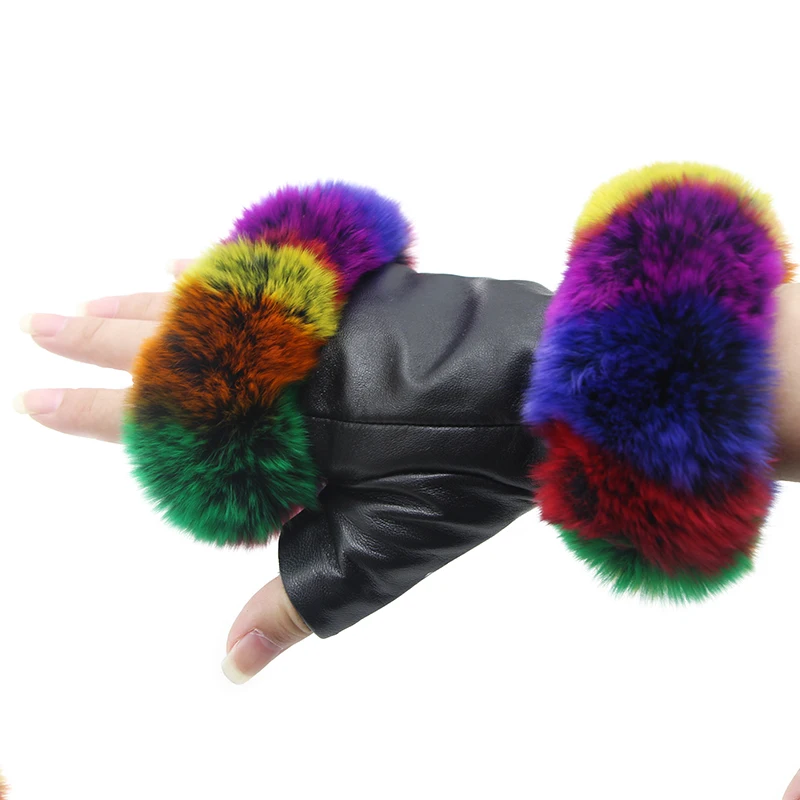 

JKP New Genuine Leather Gloves Ladies Winter Fashion Real Colorful Rex Rabbit Sheepskin Half Finger Gloves