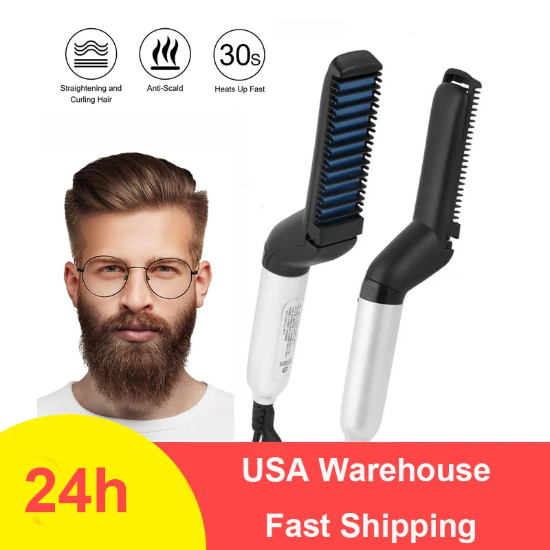 US WAREHOUSE Men Quick Beard Straightener Styler Comb Multifunctional Hair Curling Curler Show Cap Tool Electric Men Hair Styler