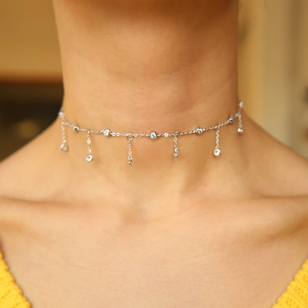 fashion luxury women jewelry gold silver color cz drop charm cz station choker women chocker chain tassel choker necklace