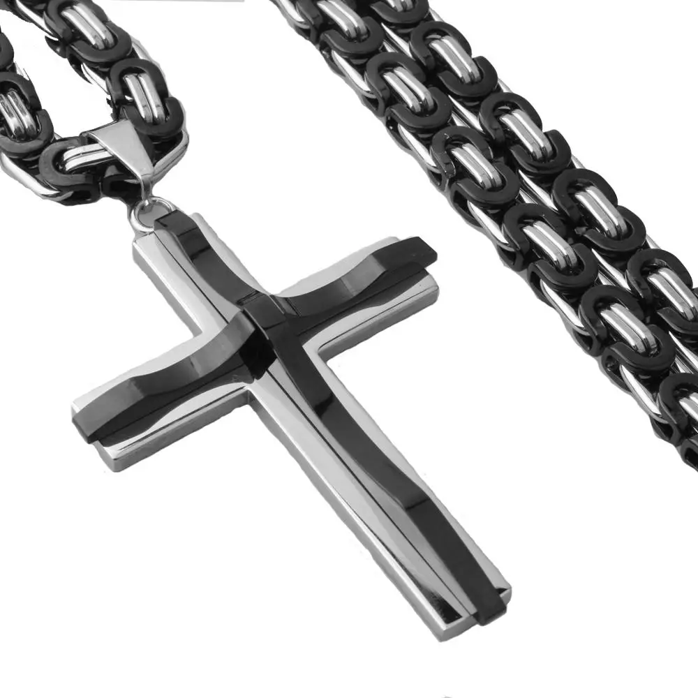 Christian Jesus Crucifix Pendant Necklaces Mens Gifts Heavy Stainless Steel Byzantine Link Chains Male Metal Religious Jewelry