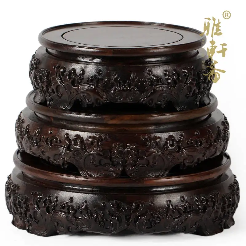 TZ Zhai flowerpot base solid wood crafts mahogany stone vases round wood carving decoration rotary base