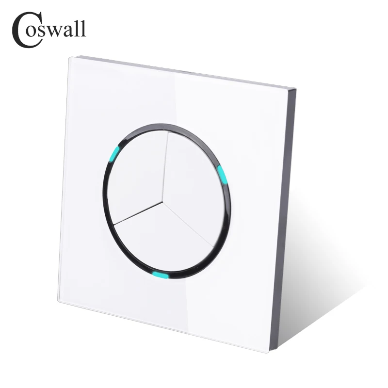 Coswall Crystal Glass Panel 3 Gang 1 Way Round Key Random Click Push On / Off Wall Light Switch With Blue Backlight R11 Series