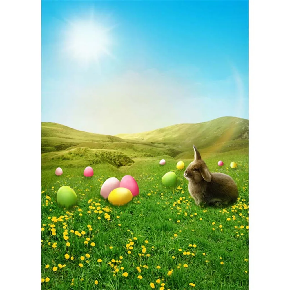 

Happy Easter Photography Backdrops Blue Sky Rabbit Eggs Green Grassland Yellow Flowers Baby Children Photo Shoot Backgrounds