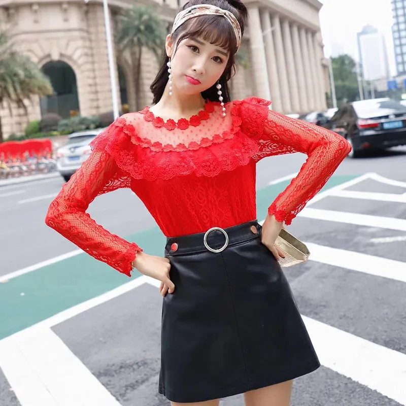 Spring Autumn Women Long Sleeve Shirt Sweet Ruffles Floral Lace Blouse Female Hollow Out Mesh Blouses Blusas Short Tops AB1315