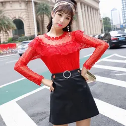 Spring Autumn Women Long Sleeve Shirt Sweet Ruffles Floral Lace Blouse Female Hollow Out Mesh Blouses Blusas Short Tops AB1315