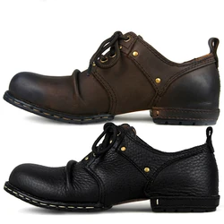 OTTO ZONE Handmade Genuine Cow Leather Ankle Boots Fashion Men Shoes Boots Rivet Flat Shoes Casual Lace-Up Shoes Basic Boot