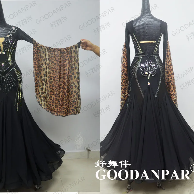 new Black Ballroom dance competition dress standard modern dance Long sleeve Sexy costumes dress for woman GOODANPAR