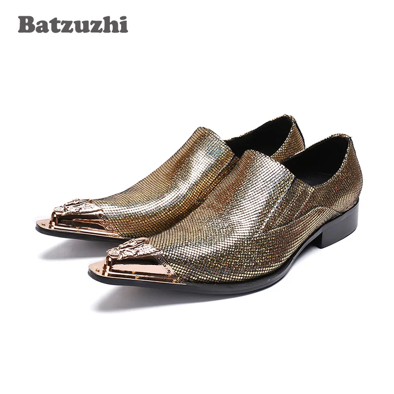 Batzuzhi Handmade Erkek Ayakkabi Men Shoes Brown Glitter Pointed Toe Genine Leather Dress Shoes Men Business, Party! Size 38-46