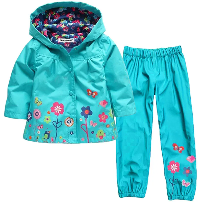 Spring Girls Clothing Set Flower Pattern Girls Clothes Waterproof Raincoat Hooded Coat + Pant 2Pcs Casual Suit Children Clothing