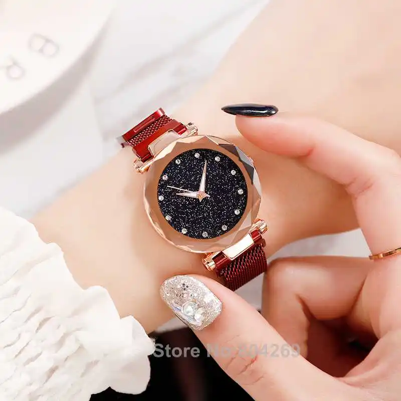 Wholesale Fashion Women's Colorful Rhinestone Watch Alloy Quartz Starry Sky Wristwatch Simple Stars Rose Case Lazy Lady Watches