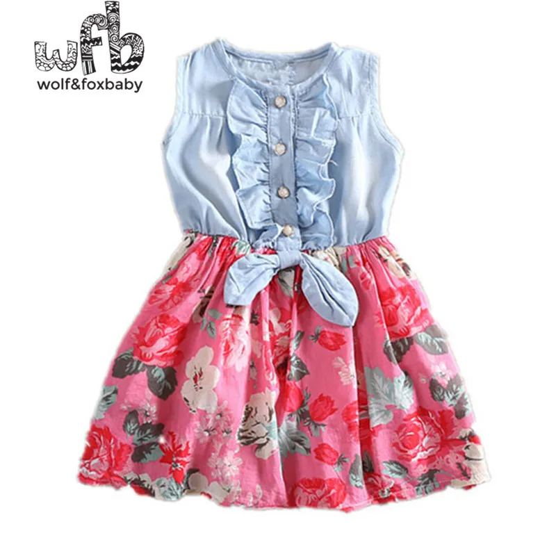 Retail 2-14 years dress O-neck Splicing floral Denim dress kids children spring summer autumn fall