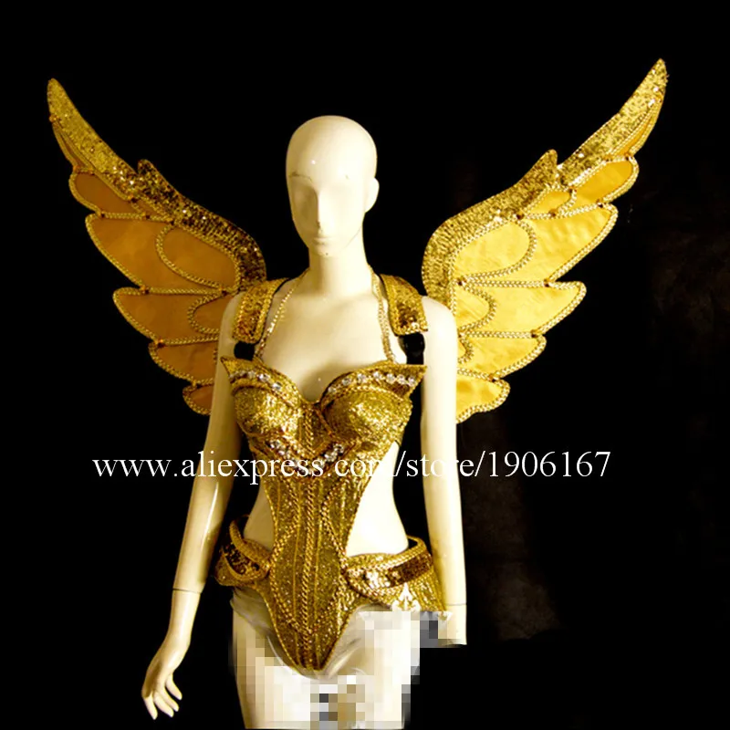 Catwalk Shows Stage Performance Gold Angel Wings Women Cosplay Ballroom Costumes Suit Clothes For Halloween Christmas Party