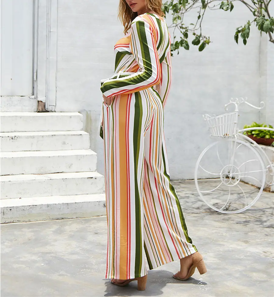 Pdfmily Autumn Winter Women Striped Casual  Jumpsuit Colorful Hollow Out Long Sleeve Rompers Ladies Frenulum Overall Jumpsuit