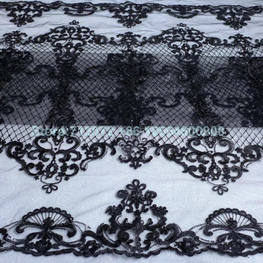 La Belleza 1 yard  Black/ivory(Off-white) robin sequins on netting embroidered wedding/ evinging/show dress france lace fabric