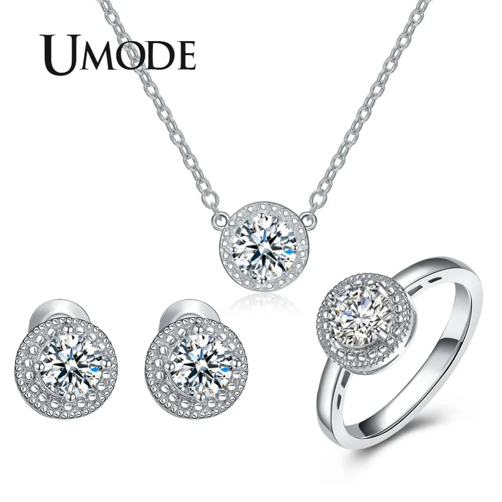 UMODE Wedding & Engagement Jewelry for Women White Gold Color Round CZ with Necklaces & Earring & Ring Sets Gift US0043