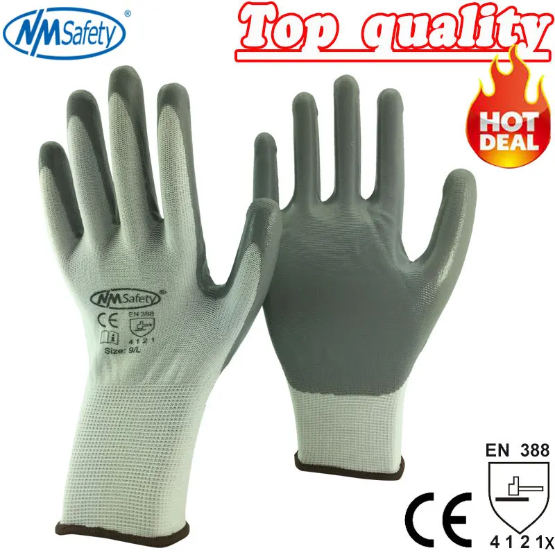 NMSafety 12 Pairs Mechanics Work Gloves Breathe Waterproof Nitrile Coating Nylon Safety Garden Construction Gloves.