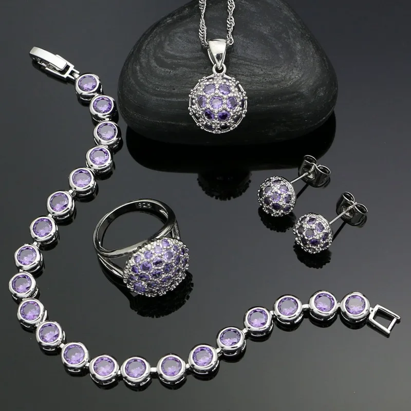 925 Silver Jewelry Sets For Women Football Shape Purple Cubic Zirconia Stud Earrings Pendant Ring Bracelet Necklace Silver Sets