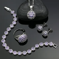 925 Silver Jewelry Sets For Women Football Shape Purple Cubic Zirconia Stud Earrings Pendant Ring Bracelet Necklace Silver Sets