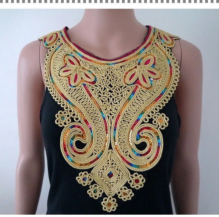 1pc Craft Gold collar Venise Sequin Floral Embroidered Applique Trim Decorated Lace Neckline Collar Sewing