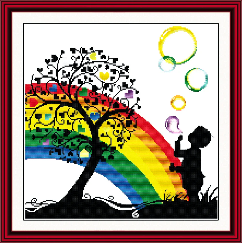 Rainbow bubble cross stitch kit boy girl people 18ct 14ct count fabric canvas stitches embroidery DIY handmade needlework plus