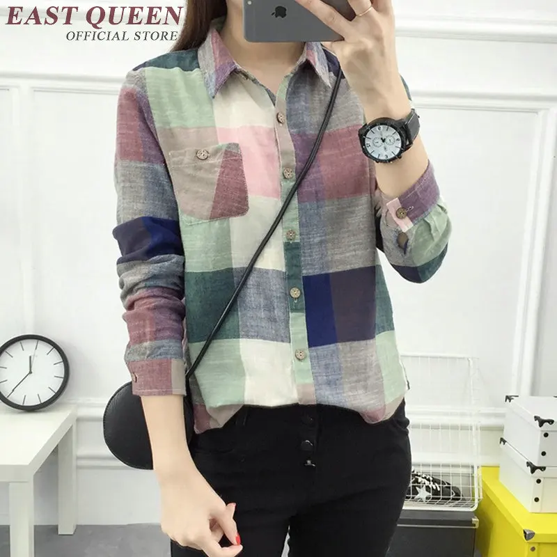 Neue Ankunft 2018 sommer frauen bluse langarm tartan kleidung baumwolle plaid shirt weibliche casual streetwear NN0356 CQ