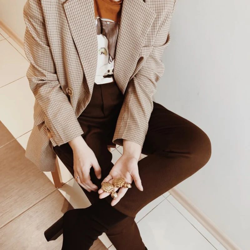 Bgteever jaqueta clássica xadrez dupla, blazer feminino com gola entalhada, blusa de frio para mulheres