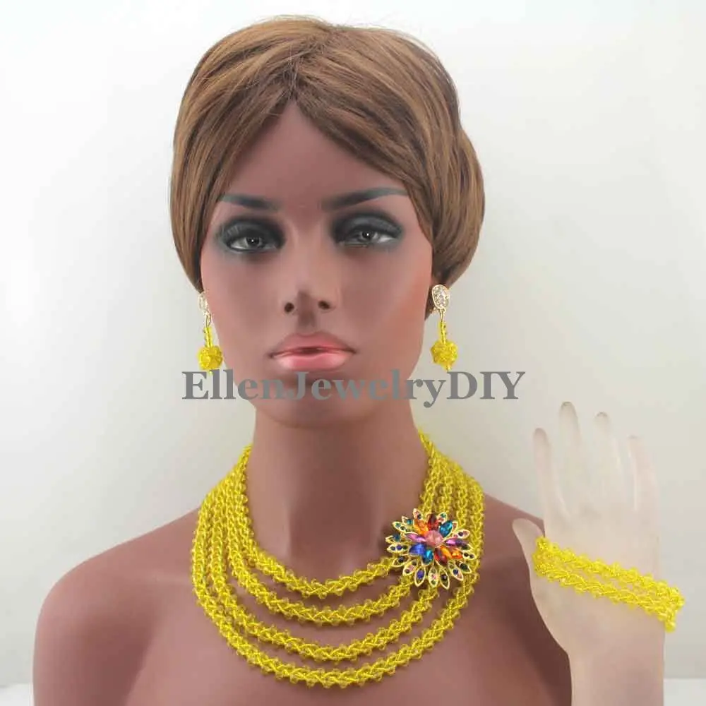 

New Handmade Weaved Yellow Nigerian Wedding Beads Jewelry Set Crystal Seed Beads Bridal Costume Jewelry Set Free shipping W13299