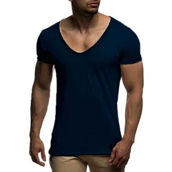 Casual T Shirt Men Thin Style Summer Short Sleeve Men's T-shirts Fashion V-neck Slim Fit Solid Color Tops Tees Shirt Man MY070