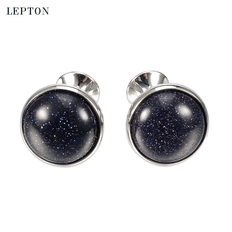Hot Sale Blue sand stone Cufflinks for Mens Shirt Cuff Cuff links Silver Color Lepton Low-key Luxury Round Sand Stone Cufflinks