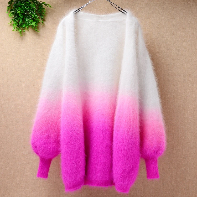 Lady women spring medium long real angora rabbit fur loose lantern long-sleeves hand knitted mink cashmere sweater coat cardigan