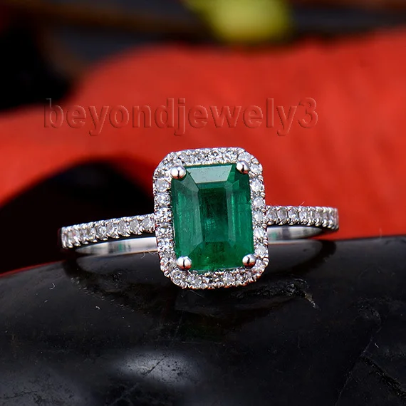 Natural Emerald Gold Ring In Solid 14kt White Gold Columbian Emerald Ring,585 Gold Emerald Gemstone Diamond Jewelry WU94B