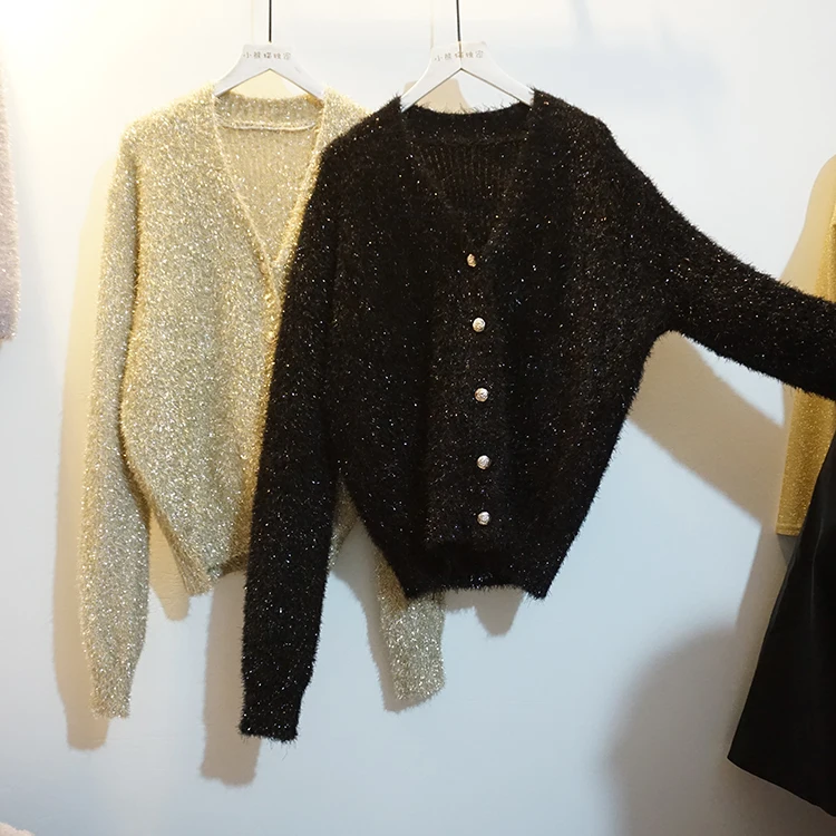 Cakucool maglione donna Lurex oro primavera Bling monopetto paillettes punto aperto Slim scollo a v cardigan Vintage maglioni donna