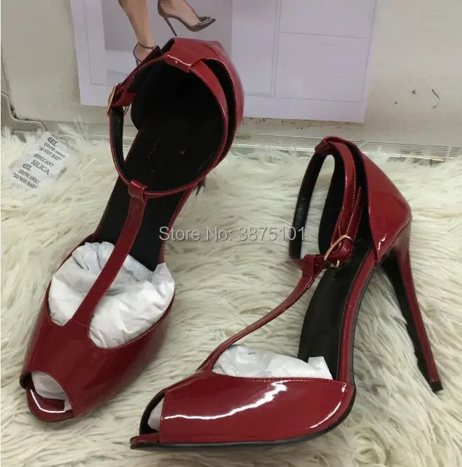 Burgundy Peep Toe Heels Pumps T Strap Stiletto Heel Sandals Women Sexy Sandals Real Pictures 10CM Heels Ladies