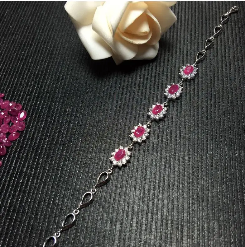 Real ruby bracelet Free shipping Natural and real ruby Chain bracelet 925 sterling silver 4*6mm 5pcs