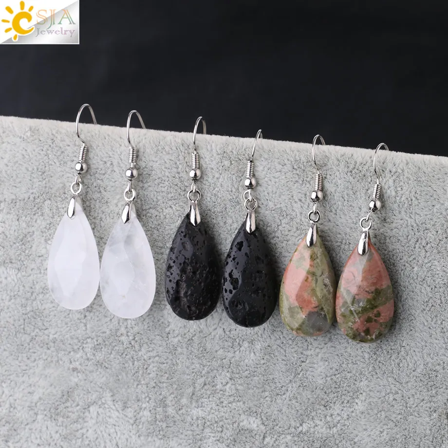 CSJA Natural Stone Water Drop Earrings Multi-faceted Beads Pendants Earring Crystal Quartz Healing Stones for Women Jewelry F867