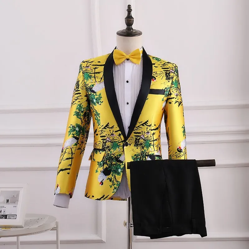 Animal Print Man Suit Yellow Print Groom Tuxedos Shawl Lapel Groomsman Suit Custom Made Wedding Suit(Jacket+pants